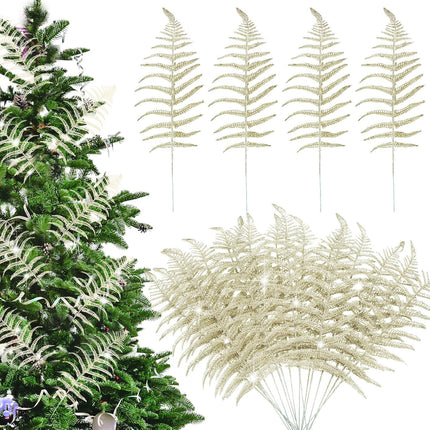 Yunsailing 40 Pcs Christmas Glitter Leaves Artificial Flashing Leaves Tropical Leaf Wedding Picks Flower Arrangements Wreath DIY Leaves Ornament for Wedding Party Xmas Decoration(Champagne Gold)