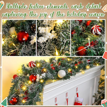 XunYee 18 FT Christmas Garland with Lights Xmas Prelit Garland Battery Operated Mantle Garland Decoration Red White Balls Snow Flocked Greenery Garlands for Front Door Fireplace Table Centerpiece