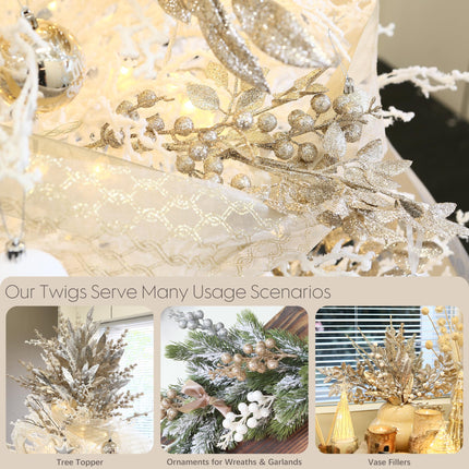 Sea Team 6-Pack Artificial Glitter Holly Berry Twigs, Bacca Stem Ornaments, Decorative Bead Sticks, Picks, Branches for Christmas Tree, Wreath, Vase Fillers, Champagne