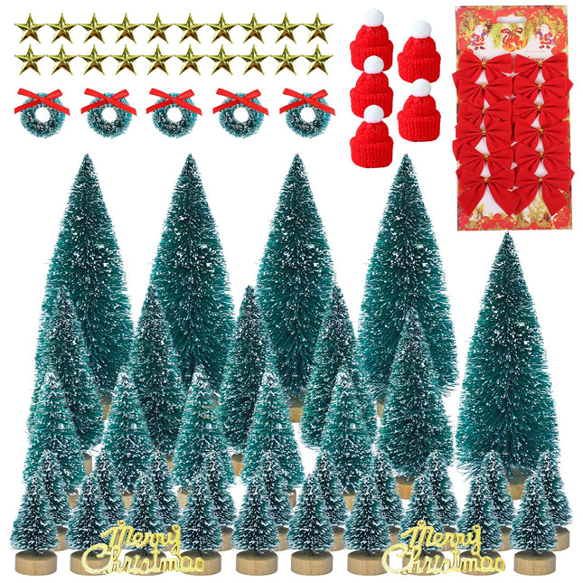 Mini Christmas Trees Tabletop Decorations, 79Pcs Artificial Christmas Tree Bottle Brush Trees Set with Star Tree Toppers Mini Christmas Wreath Merry Christmas Sign DIY Accessories Ornaments
