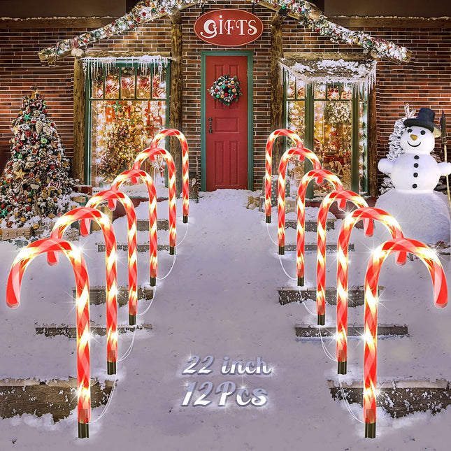 COOLWUFAN 22" Christmas Candy Cane Pathway Markers, Set of 12 Pack Christmas Outdoor Decorations Pathway Lights with 60 Warm Lights for Indoor and Outdoor Christmas Holiday Party Patio Yard Decor