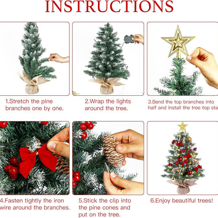 Sggvecsy 23.6’’ Mini Snow Frosted Christmas Tree Table Top Lighted Artificial Xmas Tree Star Treetop Pine Cones Red Bows Balls Candy Canes Red Berries Hanging Ornaments DIY Holiday Indoor Decorations