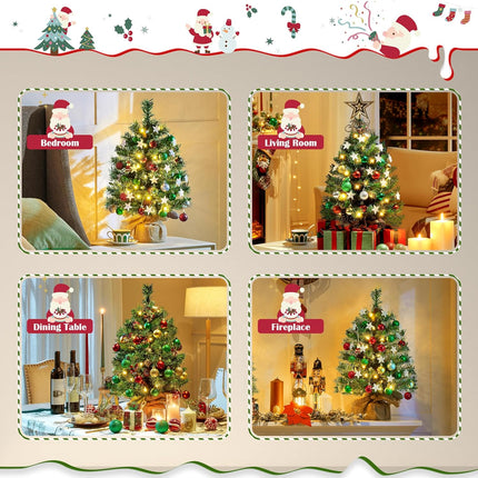 Yaheetech 2Pcs Pre-lit Artificial Mini Christmas Tree, 2ft Tabletop Small Xmas Tree w/12 Pinecones, 35 Warm White LED Lights, Cement Base, Battery-Operated Christmas Tree for Home Party Decor, Green