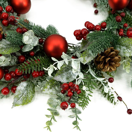 20 inch Artificial Christmas Wreath Winter Wreath with red Ball,red Berry,Pine Needles for Indoor Outdoor Farmhouse Home Wall Window Festival Wedding Decor