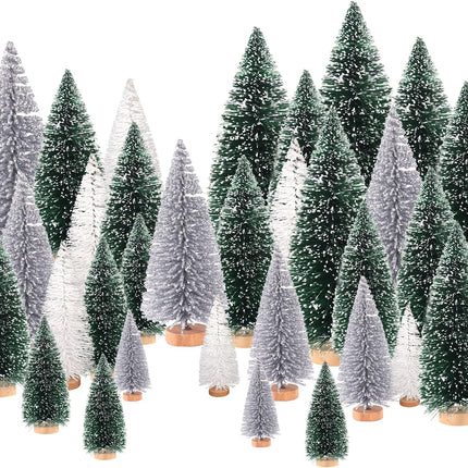 30Pcs Mini Christmas Trees Artificial Christmas Tree Bottle Brush Trees with Wooden Base for Christmas Decor Christmas Party Home Table Craft Decorations(White+Silver+Dark Green)