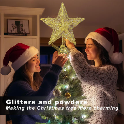 Gold Star Christmas Tree Topper Star, Xmas Tree Topper Star Ornament for Christmas Holiday Party Decor with Warm Lights Tree Topper Décor Golden Glitter