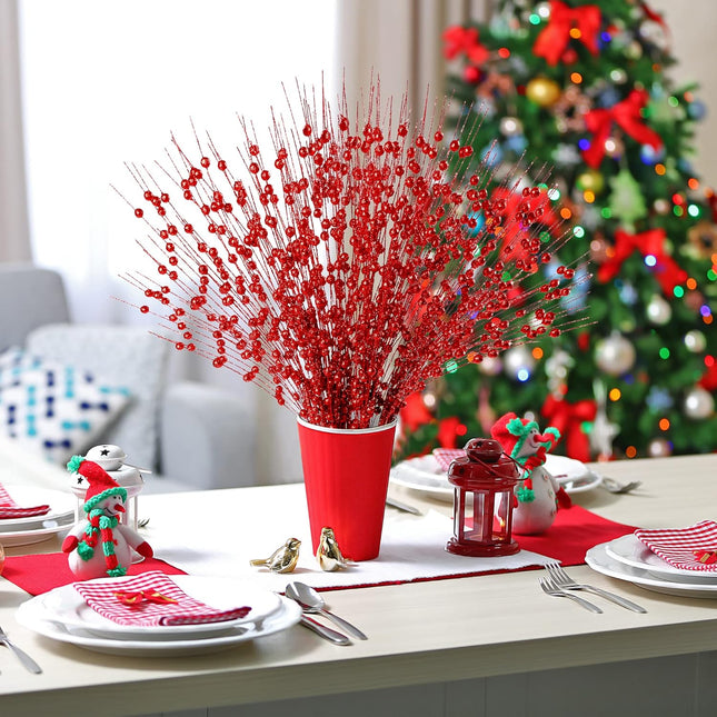 Sggvecsy 15 Pack Artificial Glitter Berry Stem Ornaments 17 Inches Fake Christmas Picks Decorative Glitter Sticks for Christmas Tree DIY Wreath Crafts Fireplace Holiday Home Decor (Red)