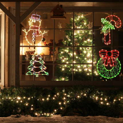 Christmas Window Decorations Lighted, 4 Pack 16" Plug-in Christmas Window Silhouette Lights for Christmas Holiday Indoor Wall Decorations (Cane & Wreath & Xmas Tree & Snowman)