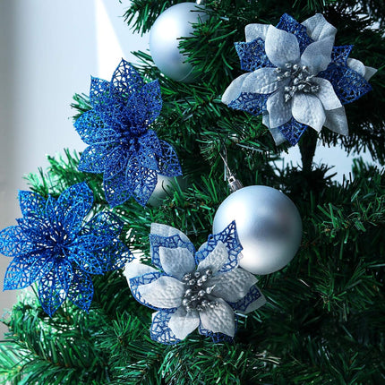 ilauke 24Pcs Poinsettias Artificial Christmas Flowers, 6" Glitter Artificial Christmas Flowers with 30 Sliver Clips, for Xmas Tree Ornaments Wedding Party Wreath Decor (Blue)