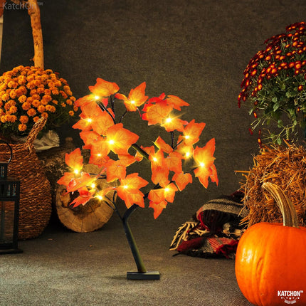 KatchOn, Artificial Maple Tree with Lights - 18 Inch 24 LED Fall Lighted Maple Tree Autumn Trees with Lights, Thanksgiving Decorations Indoor Fall Tree with Lights for Fall Decorations for Home