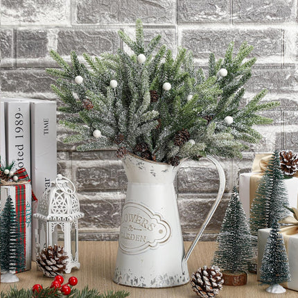 Cindeer 24 Pcs Christmas Snowy Pine Tree Pick 14'' Artificial Pinecones Spray Faux Cedar Pine Needles Branches Frosted for Holiday Floral Arrangement Wreath DIY Garland Holiday Decor Winter Greenery