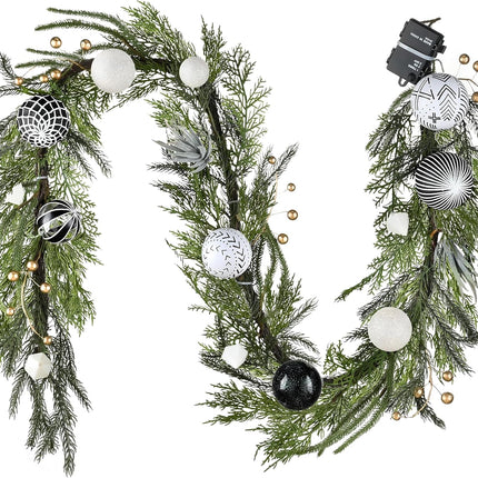 Decorbyhannah Christmas Garland with Lights, 6ft Lighted Norfolk Pine Garland with Boho Ornaments, Battery Operated Artificial Greenery Garland Christmas Decorations for Mantle(Boho Black & White)