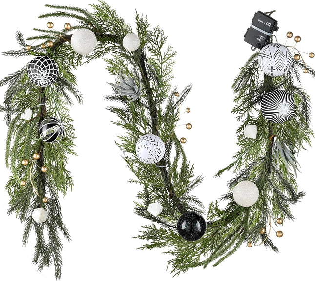 Decorbyhannah Christmas Garland with Lights, 6ft Lighted Norfolk Pine Garland with Boho Ornaments, Battery Operated Artificial Greenery Garland Christmas Decorations for Mantle(Boho Black & White)