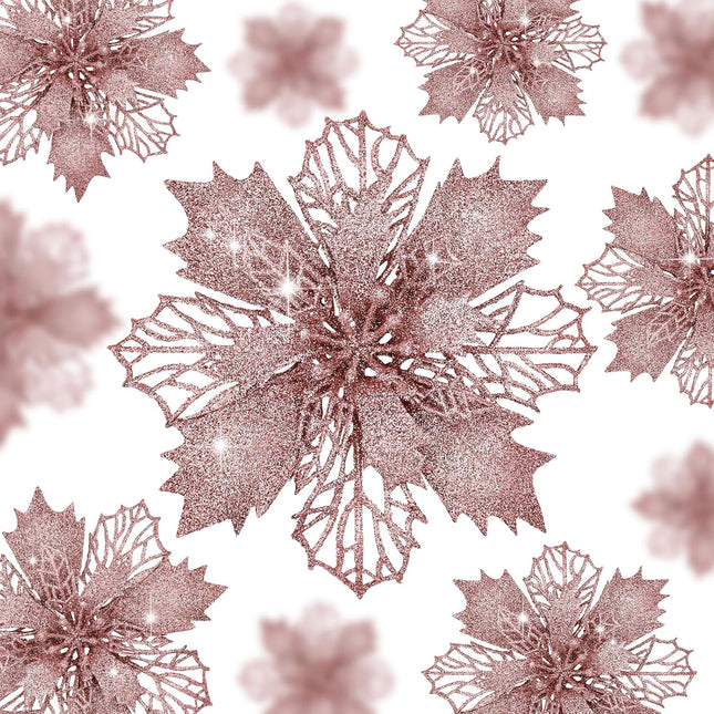 Waipfaru 24 Pcs Christmas Tree Decorations, Rose Gold Poinsettias Artificial Christmas Flowers, Pink Glitter Christmas Ornaments Picks for Christmas Tree Xmas Winter Wreath Garland Decor