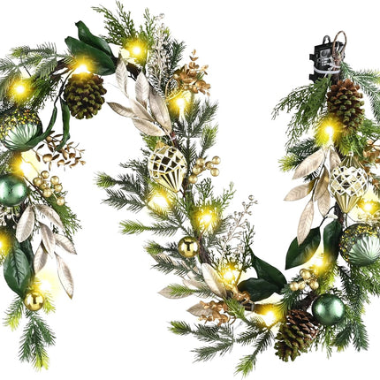 Decorbyhannah Christmas Garland with Lights, 6ft Lighted Artificial Greenery Garland Christmas Decorations with Pinecone and Green Gold Ornaments, Battery Operated Christmas Garland Indoor for Mantle