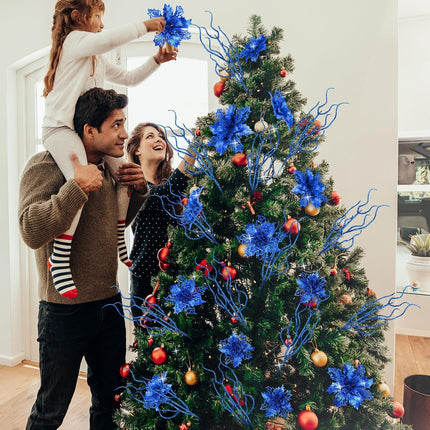 Yinder 48 Pcs Glitter Christmas Tree Filler Decorations Set 24 Pcs 13.7'' Christmas Curly Spray Picks 24 Christmas Poinsettia Flowers Artificial Twigs for Xmas Party Wreath Table Centerpiece (Blue)