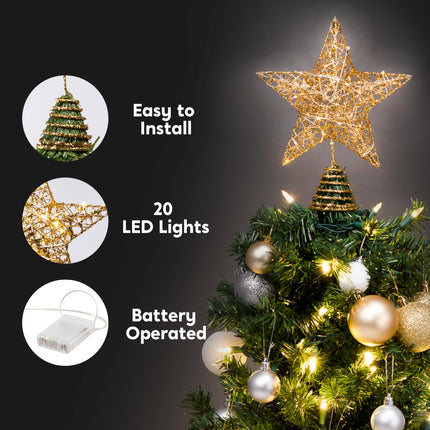Joiedomi Gold Glitter Star Tree Topper Metal Hallow Tree Star Lighted for Christmas Tree Decorations Home Holiday Xmas Party Indoor Decor