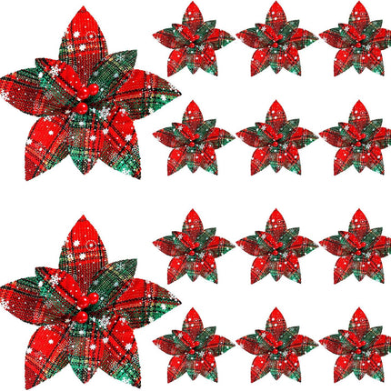 12 Pieces Christmas Plaid Poinsettias Artificial Xmas Poinsettias Flowers Ornaments Faux Flowers Picks Decor Wreath for Christmas Tree Party Holiday Decor (Stylish Style)