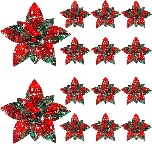 12 Pieces Christmas Plaid Poinsettias Artificial Xmas Poinsettias Flowers Ornaments Faux Flowers Picks Decor Wreath for Christmas Tree Party Holiday Decor (Stylish Style)
