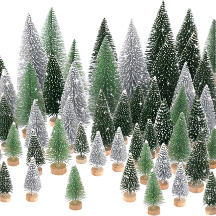 30Pcs Mini Christmas Tree Decor, Artificial Christmas Tree 5 Sizes,Mini Sisal Snow Frost Trees with Wooden Base for Christmas Decor Christmas Party Home Table Craft Decorations (A-Green/Silver)