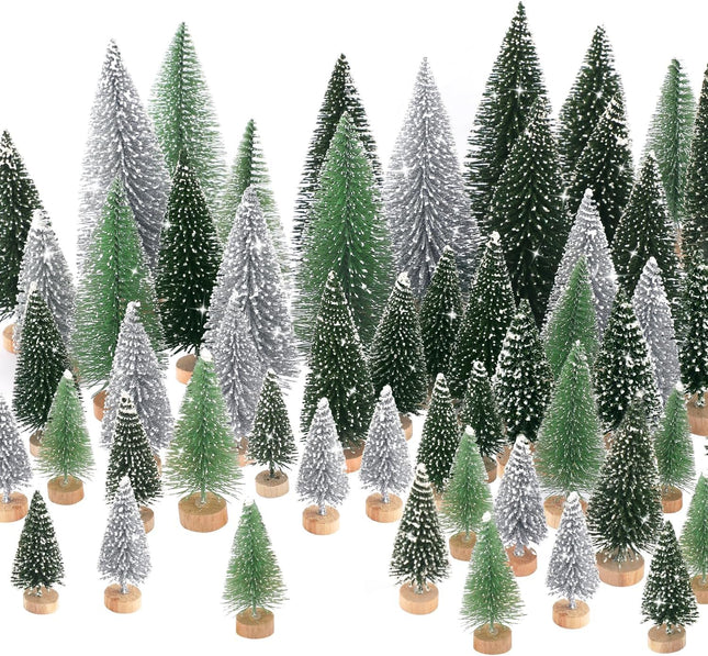 30Pcs Mini Christmas Tree Decor, Artificial Christmas Tree 5 Sizes,Mini Sisal Snow Frost Trees with Wooden Base for Christmas Decor Christmas Party Home Table Craft Decorations (A-Green/Silver)