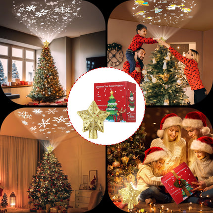 Christmas Star Tree Topper Lighted with 6 Projection Modes, Gold Christmas Tree Topper with Built in LED Rotating Lights, 3D Dynamic Glitter Projector for Xmas Year Tree Decoration