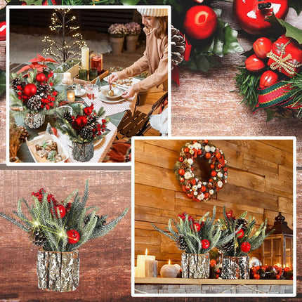 Lyrow 2 Pcs Small Christmas Tree Tabletop Mini Christmas Tree with Lights Artificial Mini Tabletop Christmas Tree Prelit Potted Decorations with Berries Pine Cones for Home Party 10.63 x 9.84 Inches