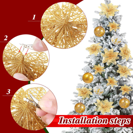 49 Pcs Christmas Tree Decoration Set, Christmas Tree Topper Bow 3 Size Christmas Glitter Poinsettia Faux Flowers and 2.36'' Christmas Ball Ornaments for Holiday Xmas Tree Decoration (Gold)