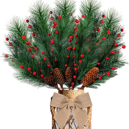 5 Pcs Artificial Christmas Berries Pine Picks Berry Pine Branches with Bow for Wreath DIY Faux Pinecone Craft Floral Arrangement Holiday Season Table Centerpieces and Xmas Tree Decor No Vase