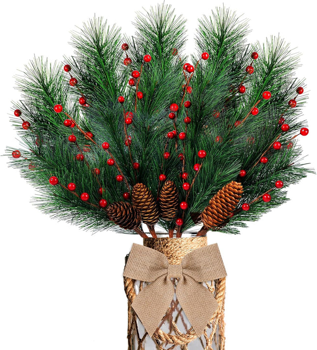 5 Pcs Artificial Christmas Berries Pine Picks Berry Pine Branches with Bow for Wreath DIY Faux Pinecone Craft Floral Arrangement Holiday Season Table Centerpieces and Xmas Tree Decor No Vase