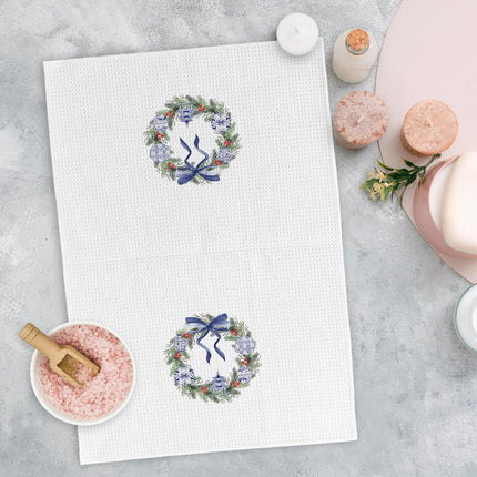 Blue Porcelain Chinoiserie Christmas Wreath Kitchen Towels, Coquette Blue Bow Christmas Hand Towels for Bathroom, Christmas Dish Tea Towels, Christmas Kitchen Bathroom Decor 16x24 Inches