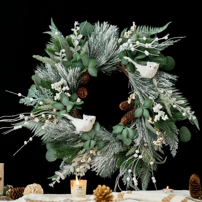 Winter Wreaths for Front Door 22 Inch Artificial Olive Eucalyptus Wreath Snowy Flocked Christmas Wreath with Cute Owl,Pine Cones,White Berries,Green Door Wreath for Indoor Outdor Decor