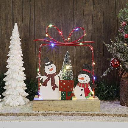 Lulu Home Christmas Tabletop Decoration, Wooden Pre-lit Xmas Snowmen Boxes Ornament with Metal Frame, Battery Operated LED Light Up Holiday Sign for Indoor Mantel Shelf Decor