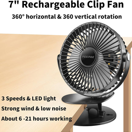 7 Clip On Fan,5000Mah Battery Operated Fan,Rechargeable Personal Fan,3 In 1 Desk Portable Usb Fan,Led Light,3 Speeds,720°Rotation