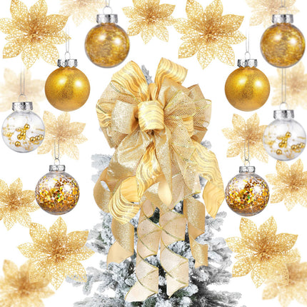 49 Pcs Christmas Tree Decoration Set, Christmas Tree Topper Bow 3 Size Christmas Glitter Poinsettia Faux Flowers and 2.36'' Christmas Ball Ornaments for Holiday Xmas Tree Decoration (Gold)