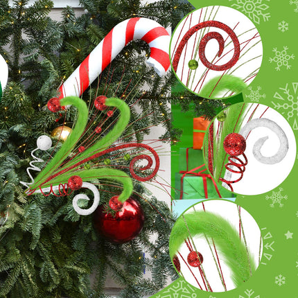 6 Pcs Whimsical Green Furry Christmas Tree Picks Decorations Christmas Woolen Curly Pick 20” Furry Spiral Curly Sprays Artificial Glitter Berry Stems for Xmas Tree Topper Wreath Crafts