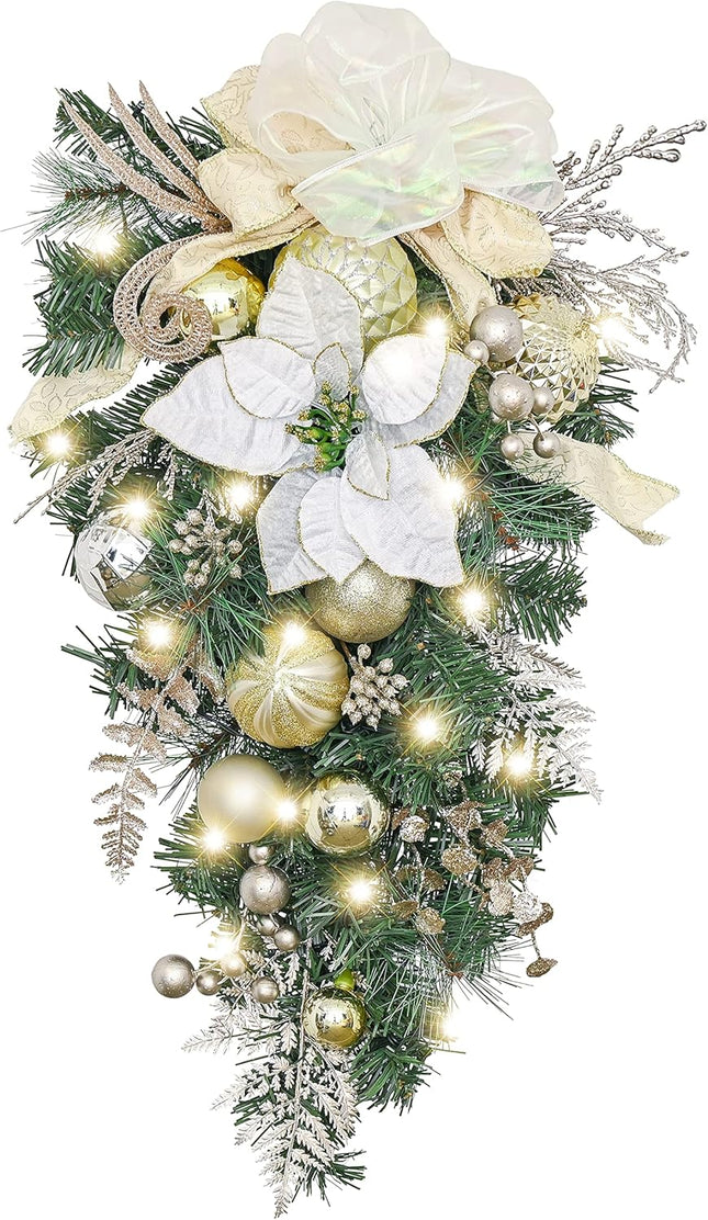 Valery Madelyn Pre-Lit Christmas Teardrop Swag for Decorating Outdoor, 24 Inch Mailbox Swag Decoration with 20 LED Lights, White Gold Ball Ornament for Front Door Stairway Window Shelf Xmas Decor