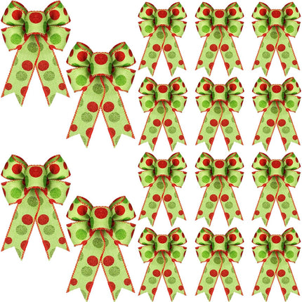 16 Pcs Large Christmas Bow 5 x 7 Inch Red White Green Dots Bows Glitter Tie Ribbon Bows Christmas Wreaths Decorative for Xmas Tree Front Garland Indoor Outdoor DIY Party Supplies (Red Green)