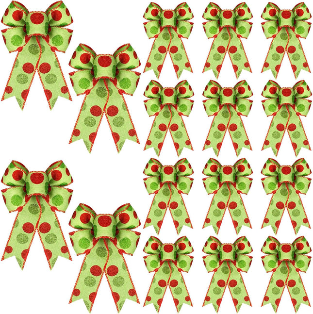 16 Pcs Large Christmas Bow 5 x 7 Inch Red White Green Dots Bows Glitter Tie Ribbon Bows Christmas Wreaths Decorative for Xmas Tree Front Garland Indoor Outdoor DIY Party Supplies (Red Green)