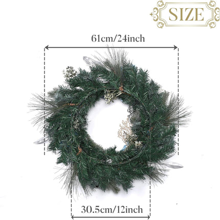 Valery Madelyn 24 Inch Pre-Lit Christmas Wreath for Front Door with Lights, Large Lighted Christmas Wreath with Silver Blue Xmas Ball for Fireplace Window Outdoor Table Centerpiece Holiday Decoration