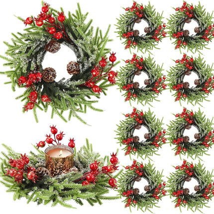 8 Pcs Christmas Candle Rings Artificial Berries Pine Cone Candle Ring 10 Inch Wreaths Rustic Christmas Candle Holder Rings for Pillar Table Centerpiece Decoration Wedding Holiday