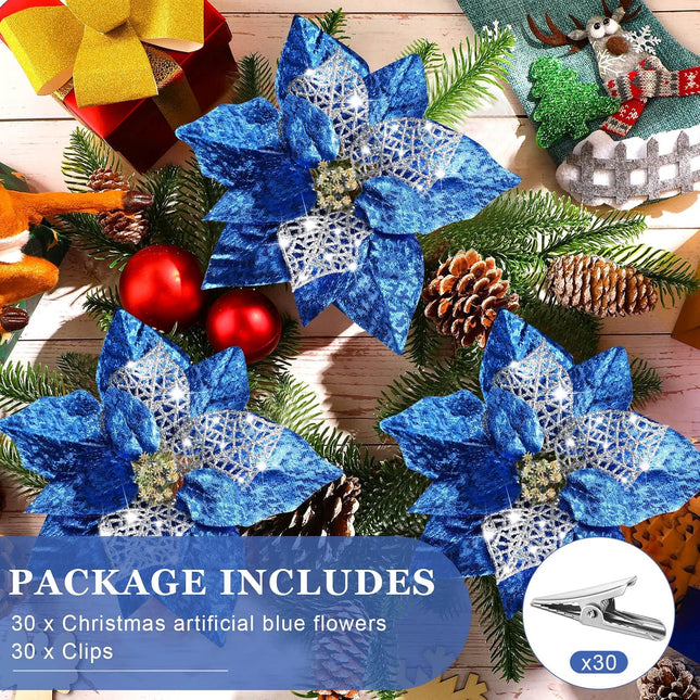 30 Pieces 8 Inches Large Christmas Artificial Poinsettia Flower Christmas Tree Glitter Faux Flowers Floral Wreath Garland Xmas Tree Ornaments for Wedding Holiday Wreath DIY (Blue)