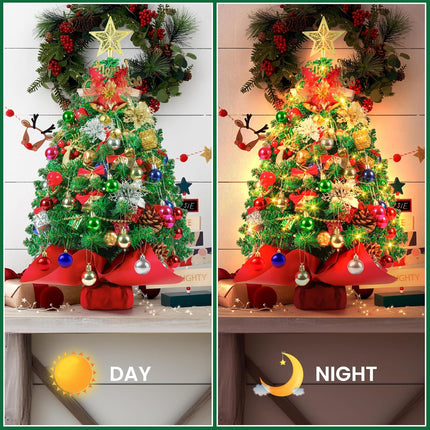2FT Mini Christmas Tree, Artificial Tabletop Christmas Tree with 60 LED Lights, Prelit Small Christmas Tree, 100 Branch Tips, 80 Ornaments, Indoor Christmas Table Decor for Home Party