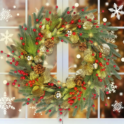 DR.DUDU Christmas Wreath with Lights, 22" Battery Operated Lighted Wreath with Timer for Front Door, Pre-lit Artificial Xmas Wreaths with Red Berries, Gold Leaf, Christmas Decorations for Home Window