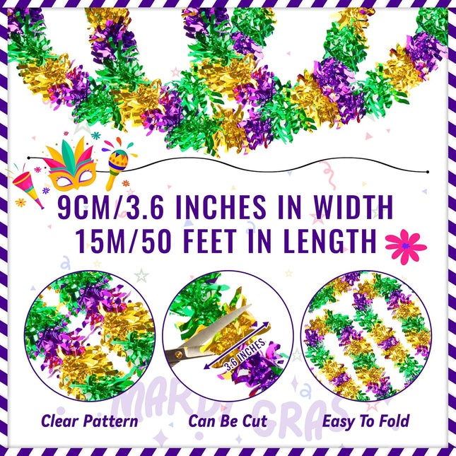 50FT Mardi Gras Tinsel Garland Metallic Tinsel Twist Garland for Mardi Gras Decorations Carnival Party Supplies, Green Purple Gold Mixed Color (B)