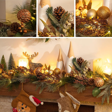 Valery Madelyn 6 feet Pre-Lit Christmas Garland with Lights for Mantle, Lighted Battery Operated Xmas Garland with Bronze Gold Balls for Front Door Fireplace Table Centerpiece Outdoor Window Decor