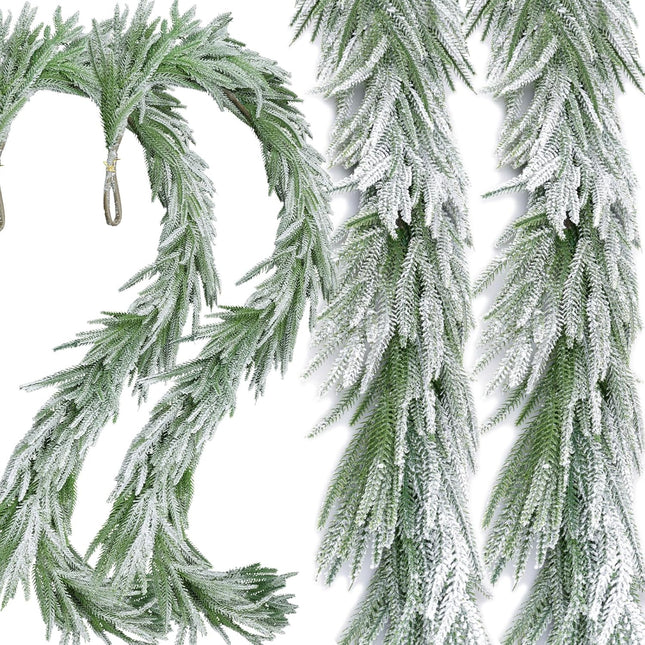 2 Pcs Snow Flocked Norfolk Pine Garlands, 72 Inch Real Touch Winter Pine Garland, Green Artificial Greenery Garland for Table, Mantle, Wall, Indoor, Outdoor Christmas Decorations