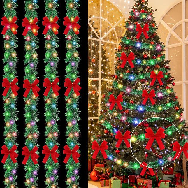 60 ft Prelit Christmas Garland with Lights Lighted Artificial Pine Garlands with 40 Red Bows Outdoor Christmas Garlands Hanging Garland for Fireplace Mantle Stair Railing Holiday Decorations