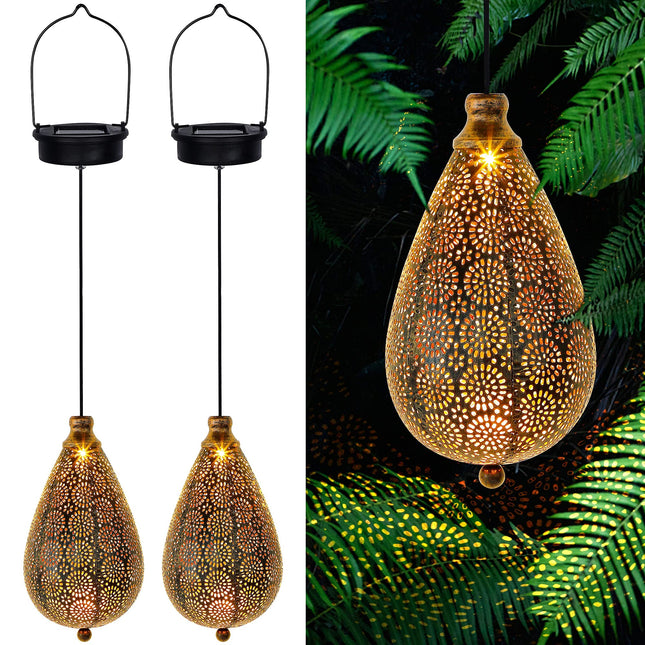 MAG 2 Pack Solar Hanging Lights, Solar Powered Decorative Retro Lantern with Handle, Warm White LED Christmas Garden Boho Flower Lights, Metal Drop Shape Waterproof Outdoor Yard Tree Fence Patio