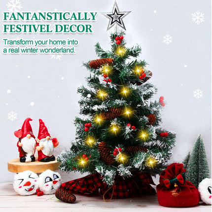 2 Pcs 2FT Mini Christmas Trees with Lights Artificial Christmas Trees Tabletop with Berries Pine Cones Hanging Ornaments Red Lattice Cloth Base Holiday Party Xmas Decorations, Sliver